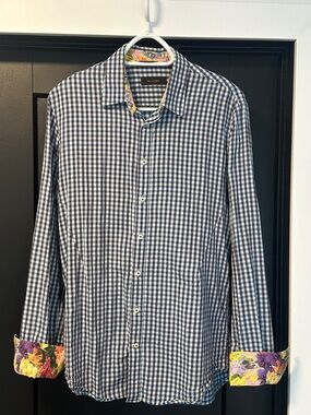 SAND Navy & White Checked Dress Shirt with Floral Cuff Detail